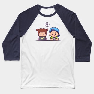 Cute Girl And Cute Boy Playing Gadget Cartoon Baseball T-Shirt